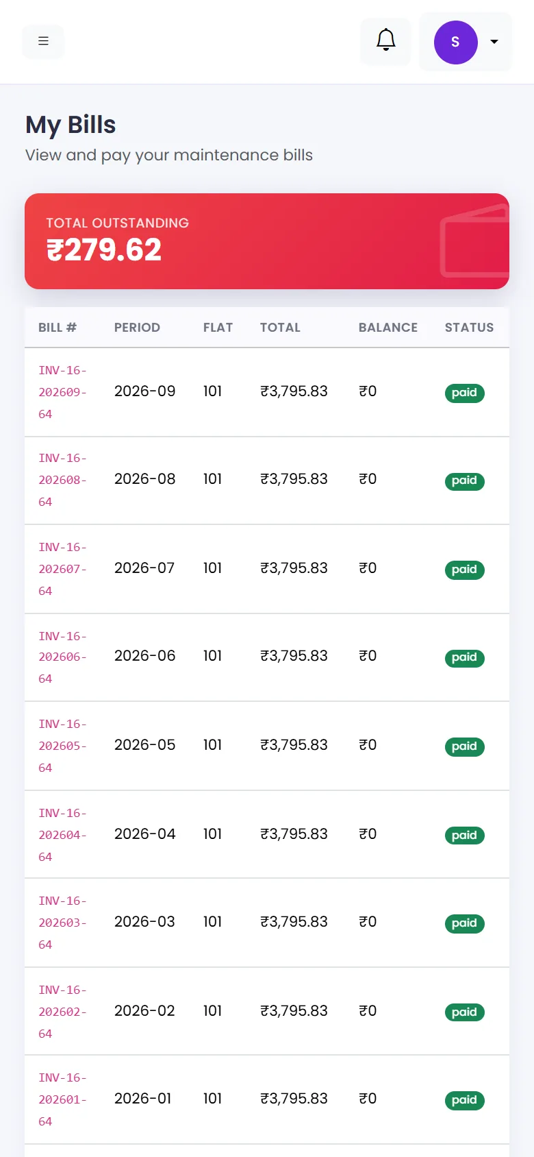 HousingMS resident app showing My Bills on a phone