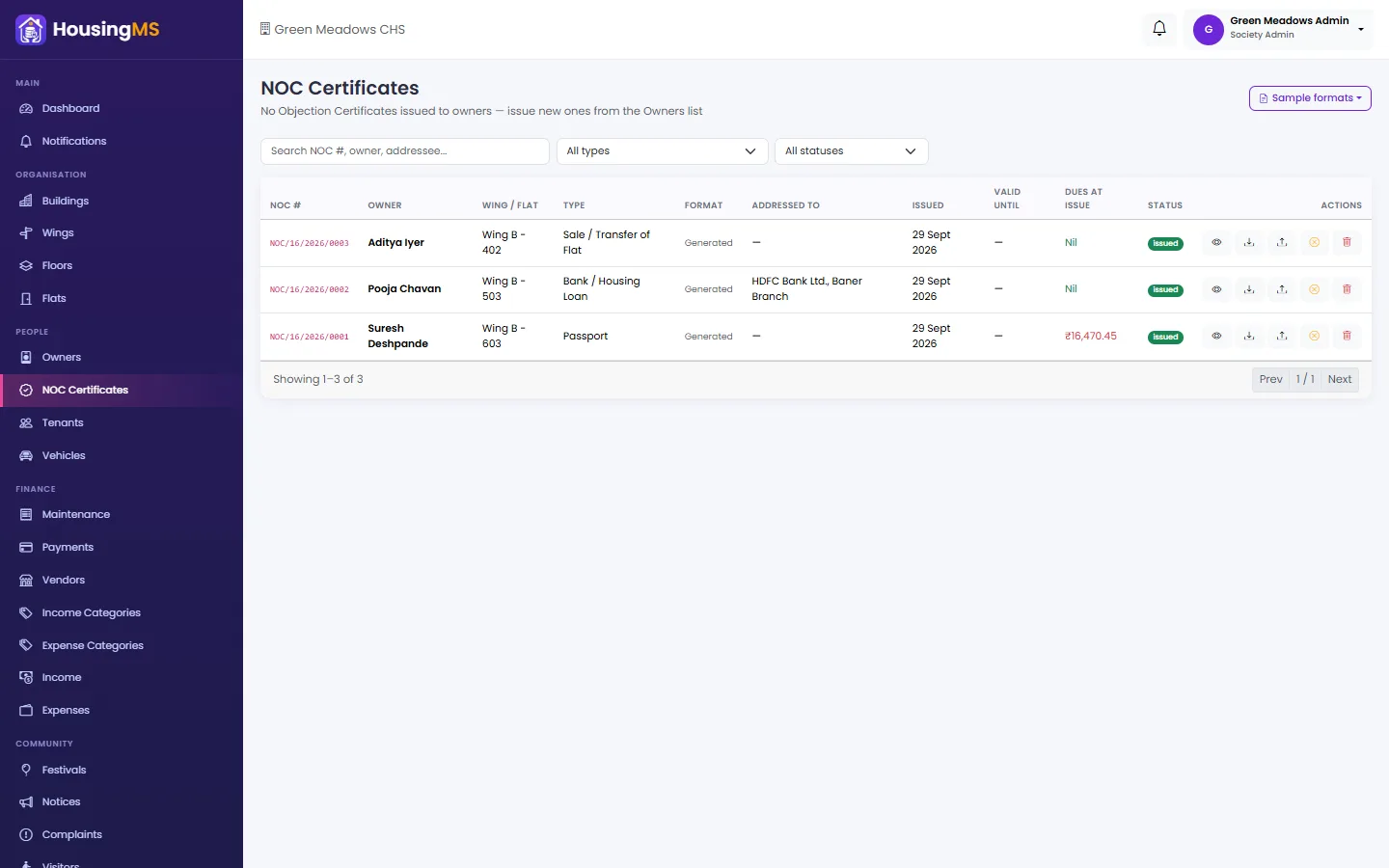NOC certificates issued from HousingMS on a society letterhead