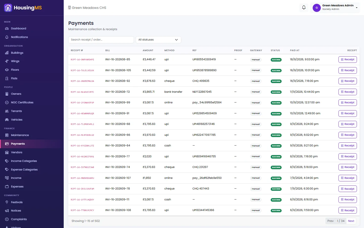 Payments register in HousingMS with online, UPI, cash and cheque receipts